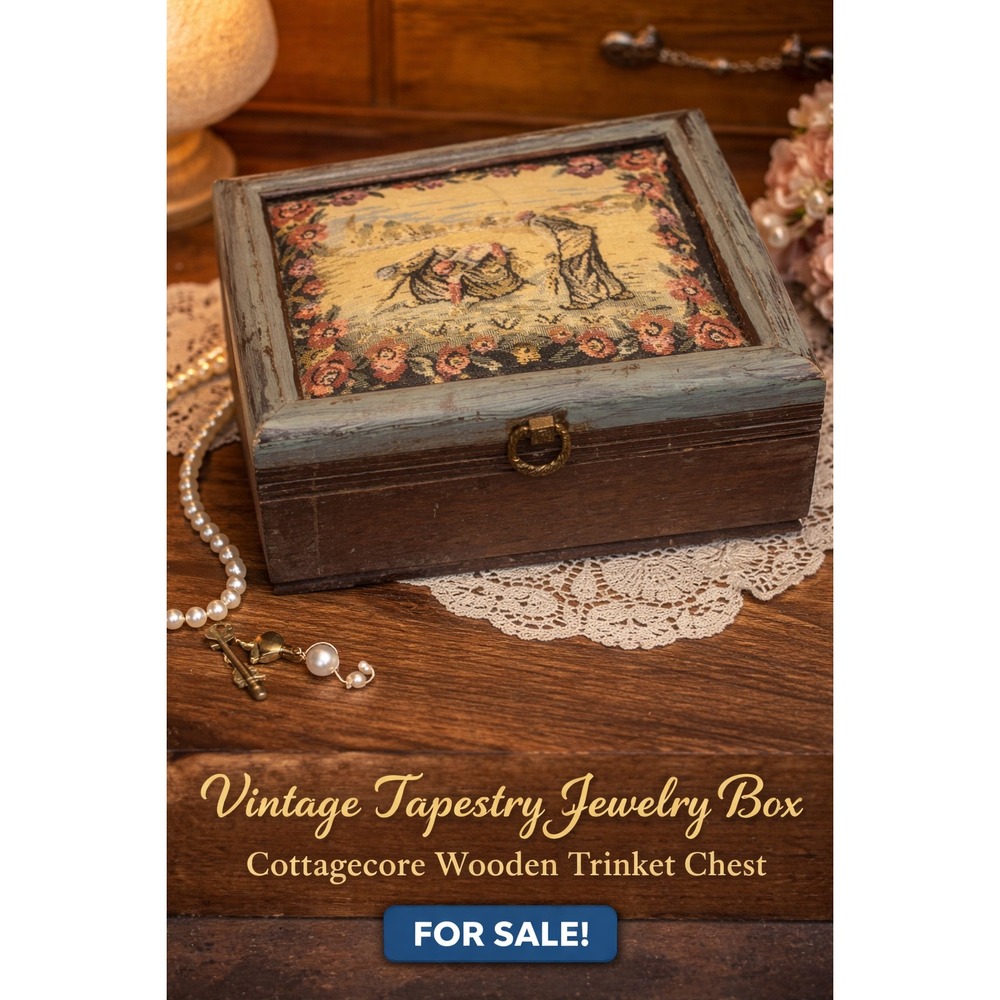 Vintage Tapestry Wooden Jewelry Box Cottagecore shabby chic farmhouse keep sake